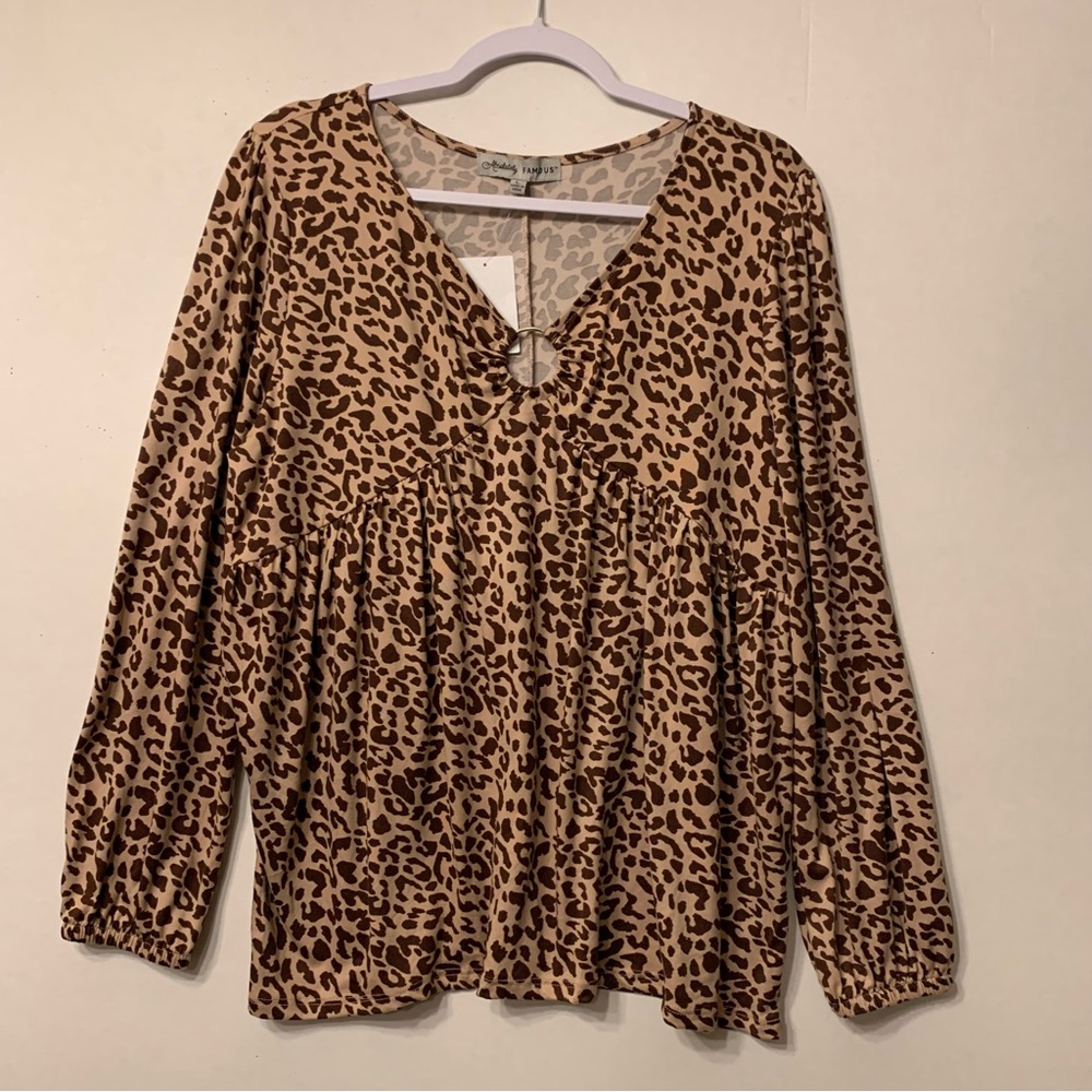 Absolutely Famous Tan and Brown Long Sleeve Relaxed Blouse Size Large